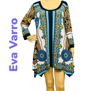 Eva Varro Asymmetric Top Art Print Pullover Tunic 3/4 Sleeve Made/USA Sz L